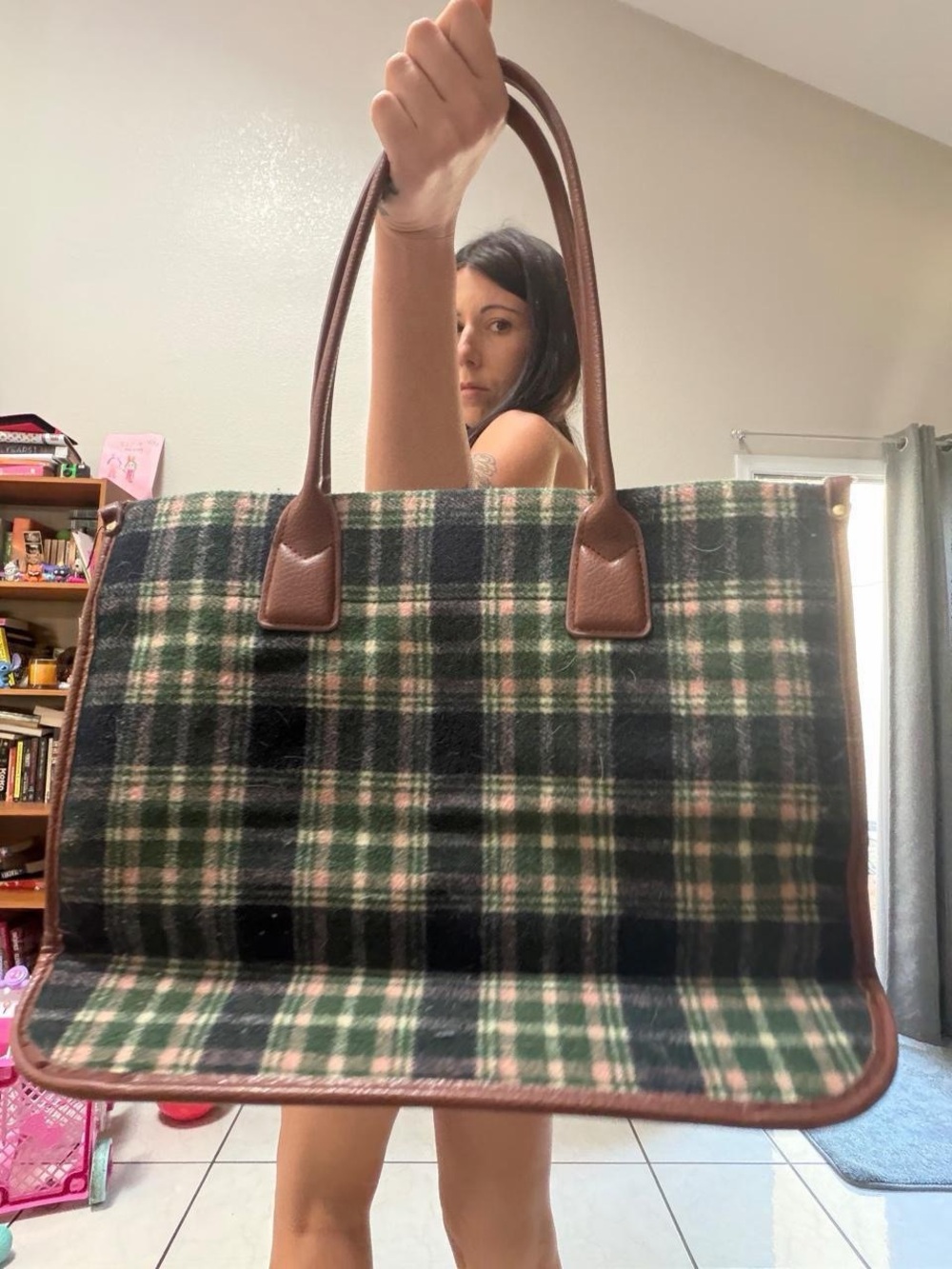 Plaid Tote Bag with Brown Leather Handles - Green Plaid